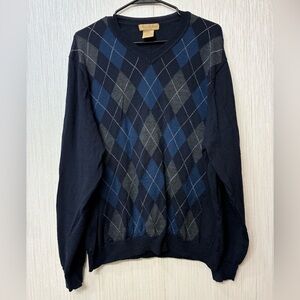 Mario Gilberti VNeck Argyle Sweater Preppy Academia 100%Extra Fine Merino wool L